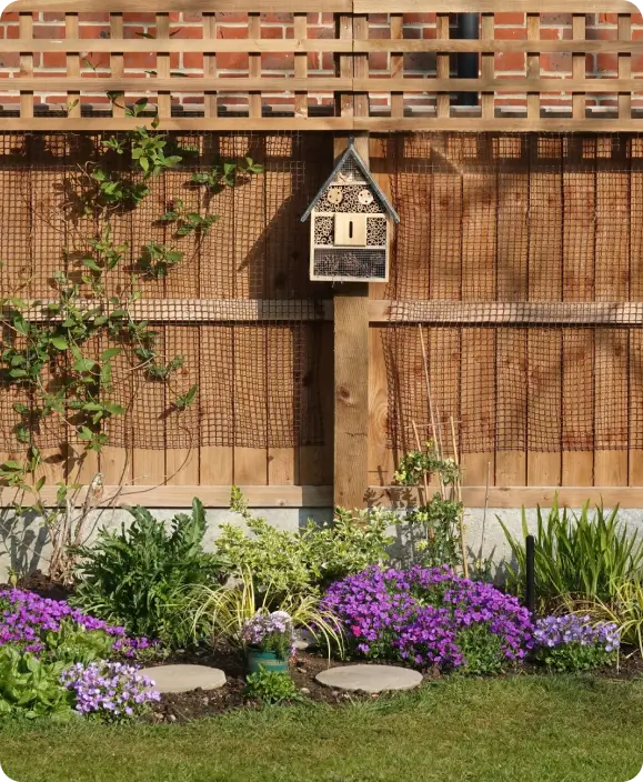 Newly installed fence with trellis and concrete kickboard, bordered by low-level flowering plants and a neatly cut lawn.