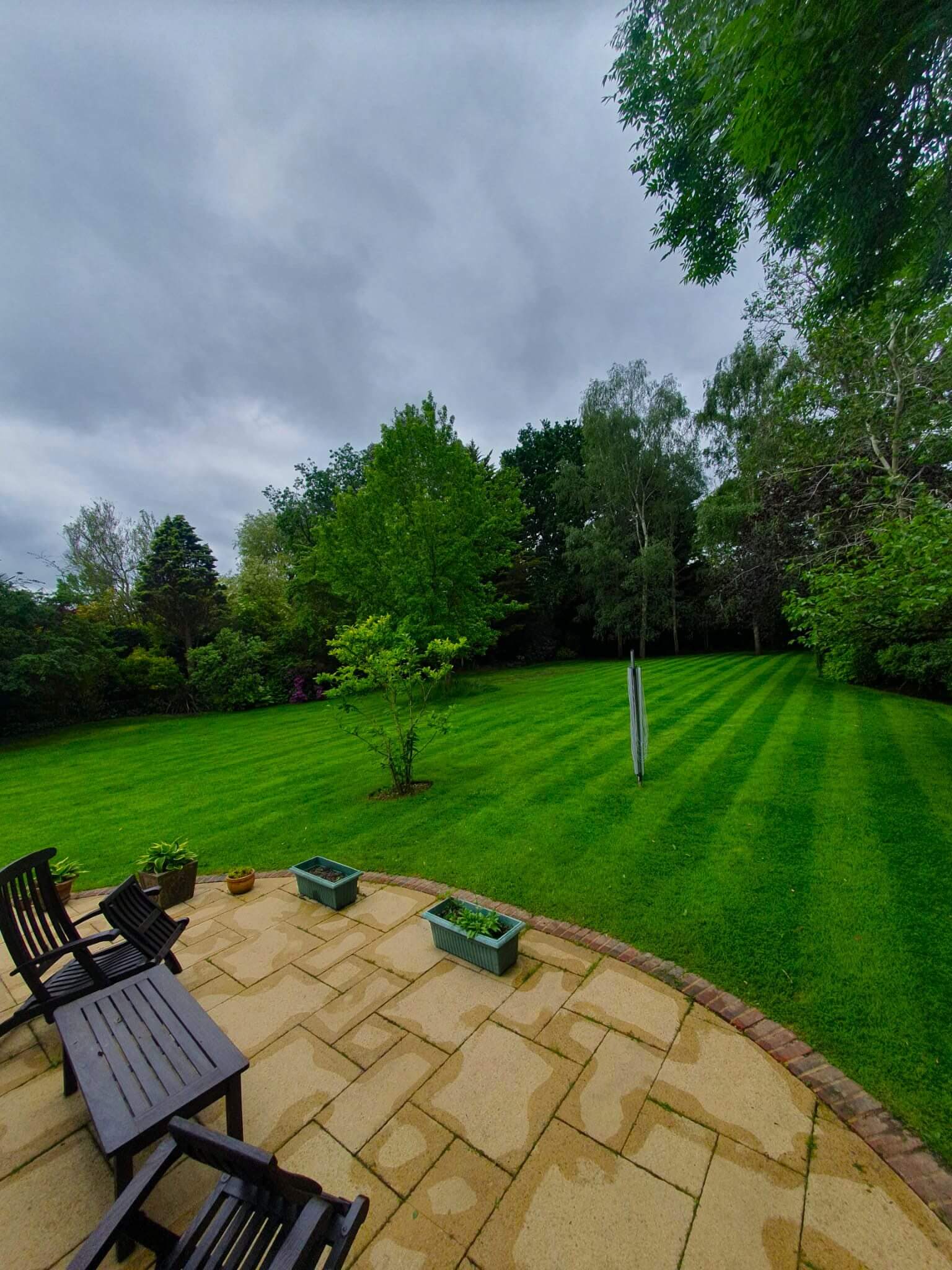 Curved sandstone patio maintained by Hedgehog Gardens leading to a large, freshly cut lawn surrounded by various trees, showcasing a spacious and well-kept garden.